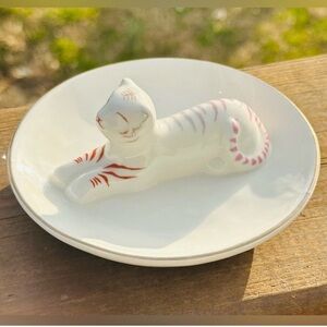 Wild Sage Ceramic Tiger Trinket Dish w/ Silver Trim